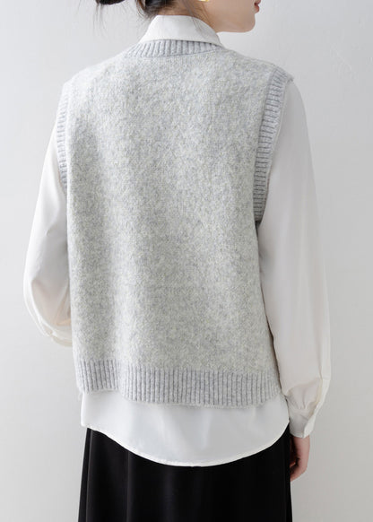 Handmade Light Grey O Neck Floral Knit Vest Sleeveless