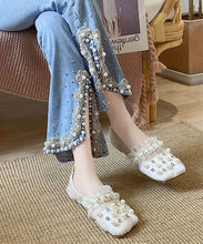 Load image into Gallery viewer, Handmade Loafer Shoes Splicing Tulle Khaki Ruffles Nail Bead Zircon