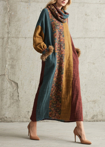 Handmade Mixed Color Oversized Patchwork Faux Fur Holiday Dress Fall