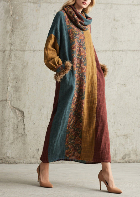 Handmade Mixed Color Oversized Patchwork Faux Fur Holiday Dress Fall