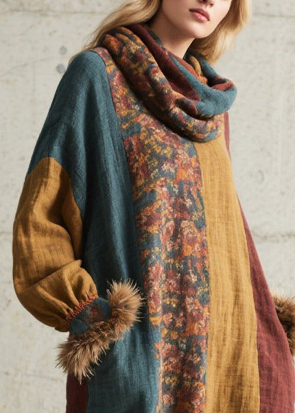 Handmade Mixed Color Oversized Patchwork Faux Fur Holiday Dress Fall