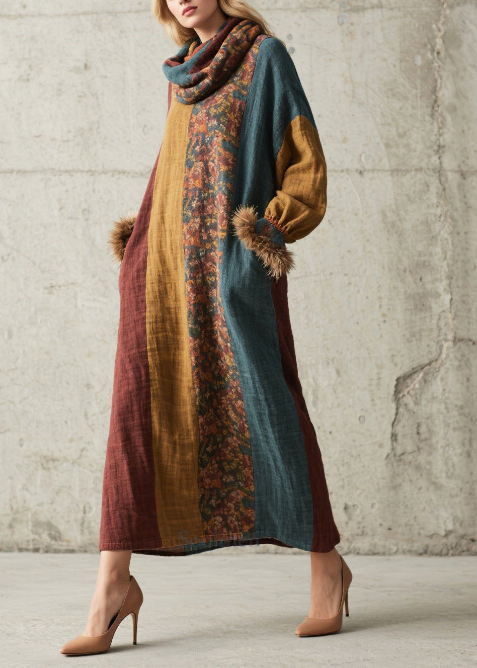 Handmade Mixed Color Oversized Patchwork Faux Fur Holiday Dress Fall