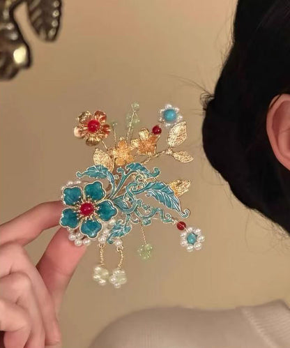 Handmade Multicolor Alloy Enameling Floral Pearl Tassel Hairpin