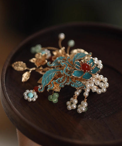 Handmade Multicolor Alloy Enameling Floral Pearl Tassel Hairpin