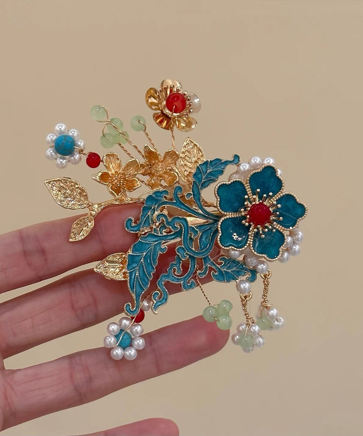 Handmade Multicolor Alloy Enameling Floral Pearl Tassel Hairpin