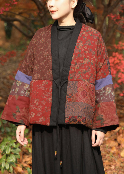Handmade Multicolor V Neck Print Tie Waist Parka Coats Winter