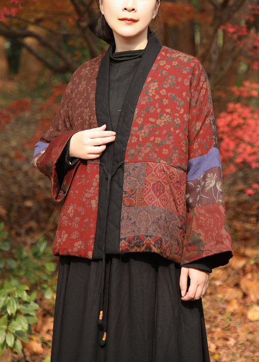 Handmade Multicolor V Neck Print Tie Waist Parka Coats Winter