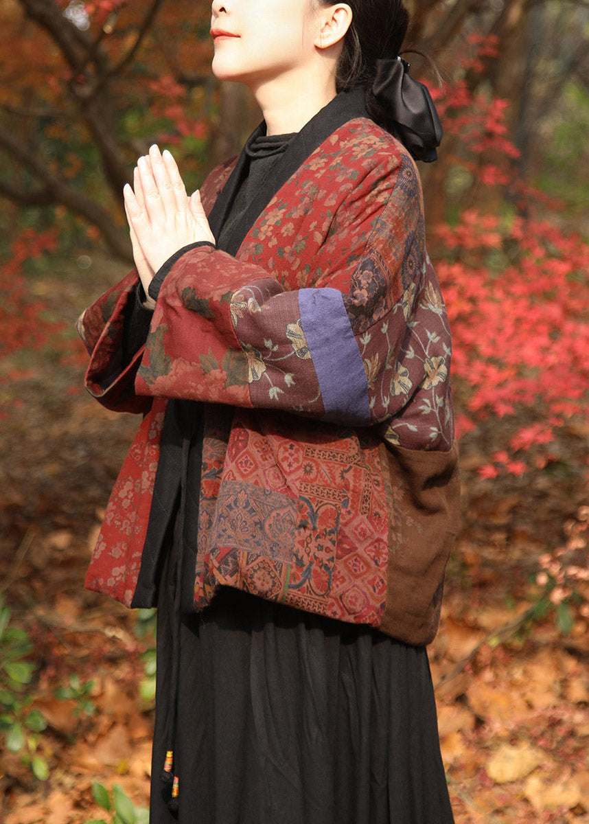 Handmade Multicolor V Neck Print Tie Waist Parka Coats Winter