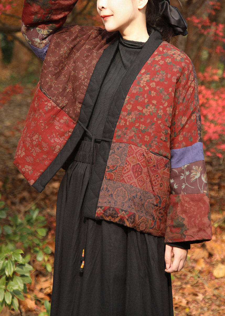 Handmade Multicolor V Neck Print Tie Waist Parka Coats Winter