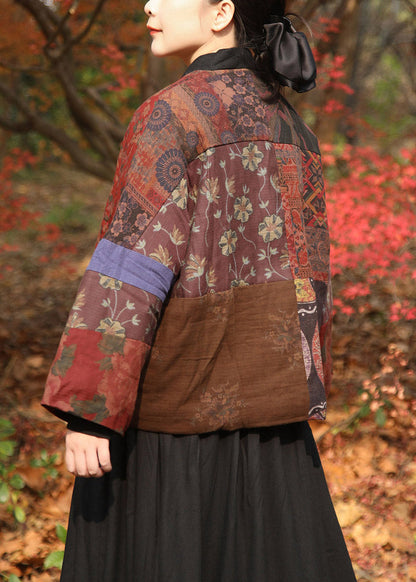 Handmade Multicolor V Neck Print Tie Waist Parka Coats Winter