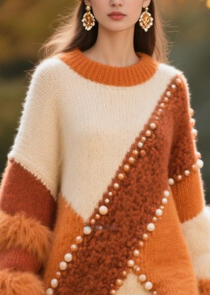 Handmade Nail Bead Patchwork Faux Fur Sweater Dress Winter