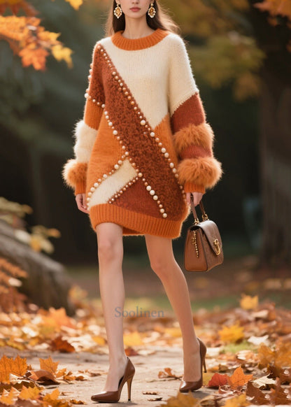 Handmade Nail Bead Patchwork Faux Fur Sweater Dress Winter