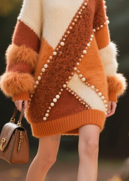 Handmade Nail Bead Patchwork Faux Fur Sweater Dress Winter