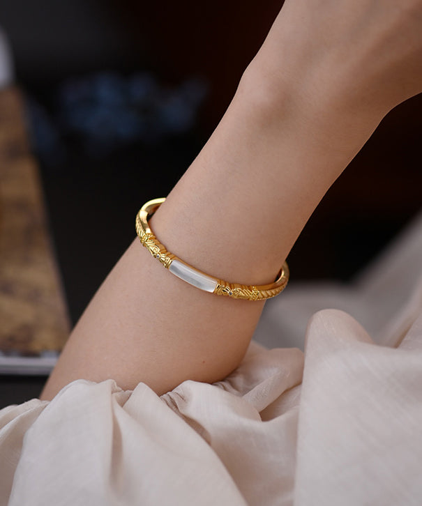 Handmade Natural Mother Of Pearl Snap Closure 14K Gold Bangle