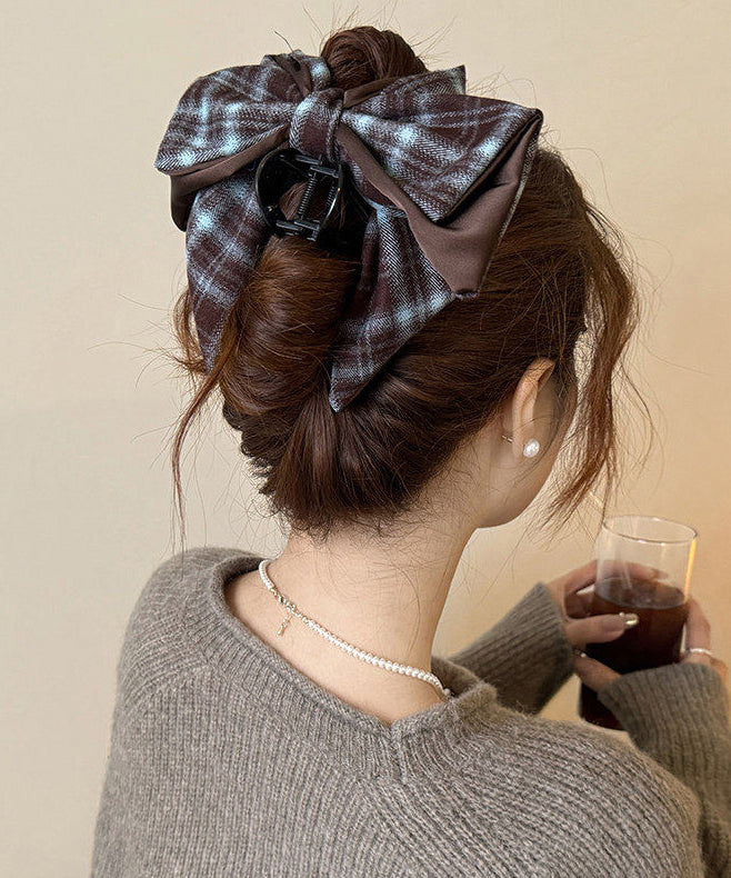 Handmade Navy Blue Plaid Alloy Bow Hairpin