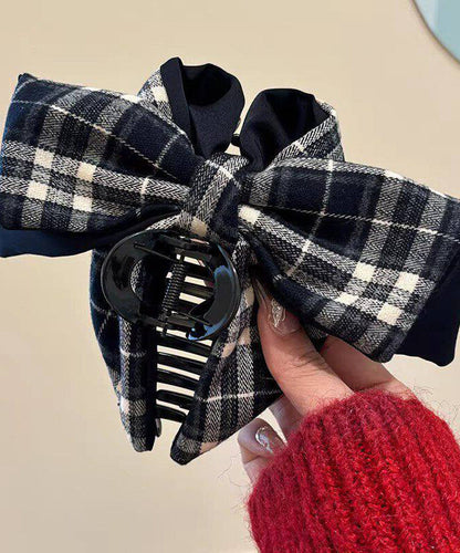 Handmade Navy Blue Plaid Alloy Bow Hairpin