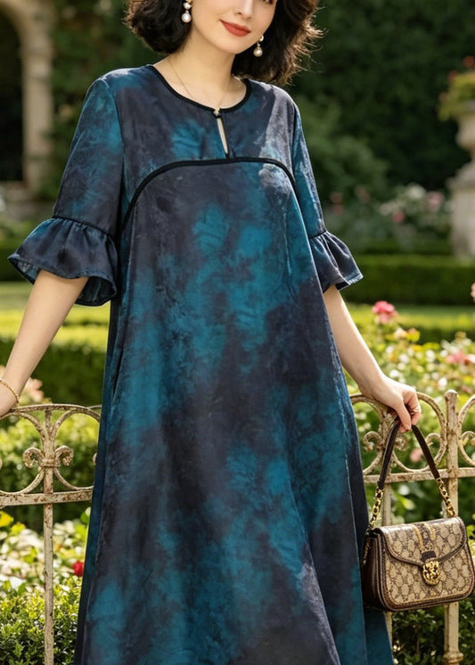 Handmade Navy Ruffled Patchwork Maxi Dresses Short Sleeve