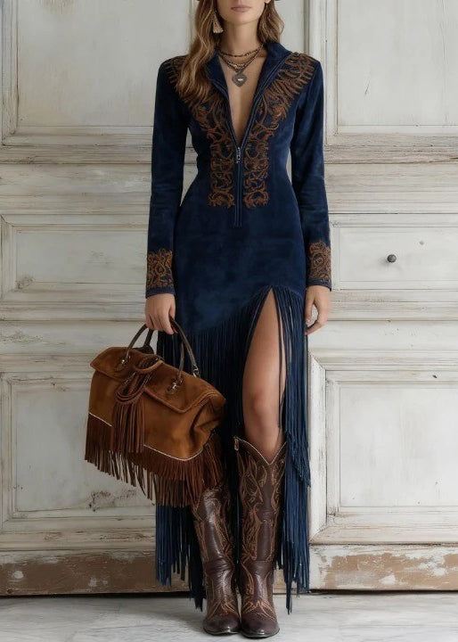 Handmade Navy Tasseled Side Open Faux Suede Fabric Robe Dresses Spring