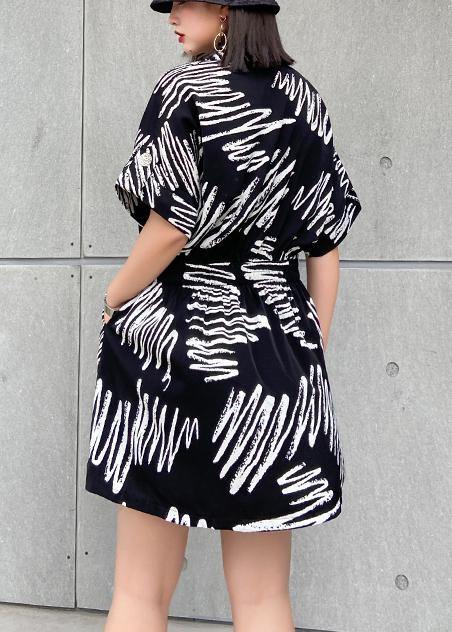 Handmade Notched summer dresses Tutorials black print Dress - SooLinen