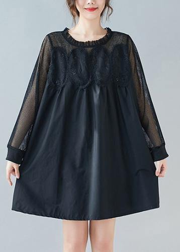 Handmade O Neck Patchwork Lace Dresses Shape Black Dresses - SooLinen