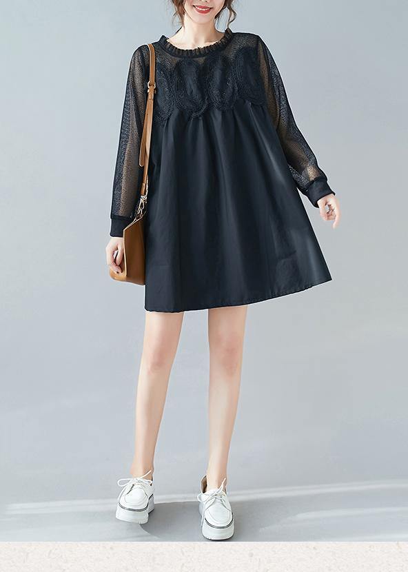 Handmade O Neck Patchwork Lace Dresses Shape Black Dresses - SooLinen