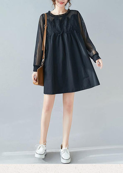 Handmade O Neck Patchwork Lace Dresses Shape Black Dresses - SooLinen