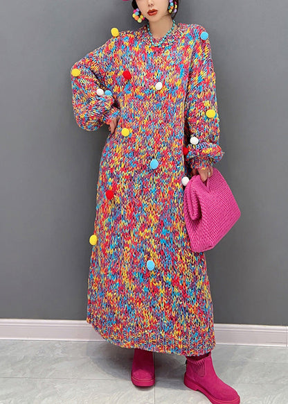 Handmade O-Neck Print Fuzzy Ball Decorated  Knit Long Sweaters Dresses Winter