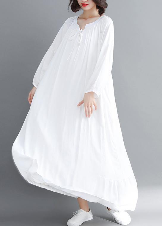 Handmade O Neck large hem Spring Outfit Sleeve White Traveling Dress - SooLinen