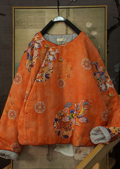 Handmade Orange O Neck Print Thick Fine Cotton Filled Top Winter
