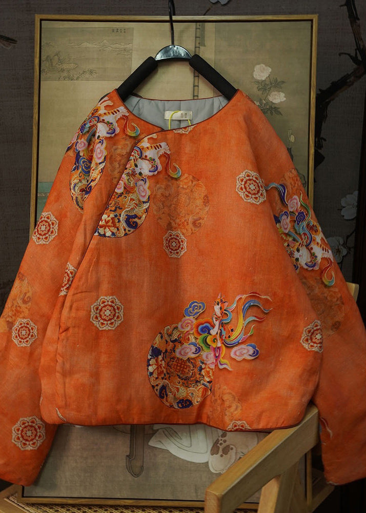 Handmade Orange O Neck Print Thick Fine Cotton Filled Top Winter