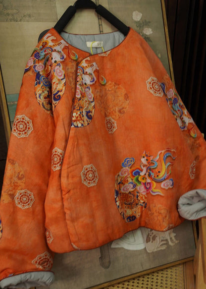 Handmade Orange O Neck Print Thick Fine Cotton Filled Top Winter