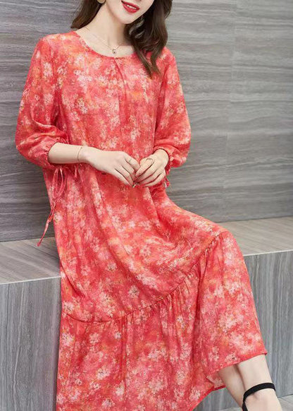 Handmade Orange O Neck Print Wrinkled Patchwork Cotton Dress Summer