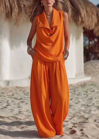 Handmade Orange Peter Pan Collar Top And Wide Leg Pants Two Pieces Set Sleeveless