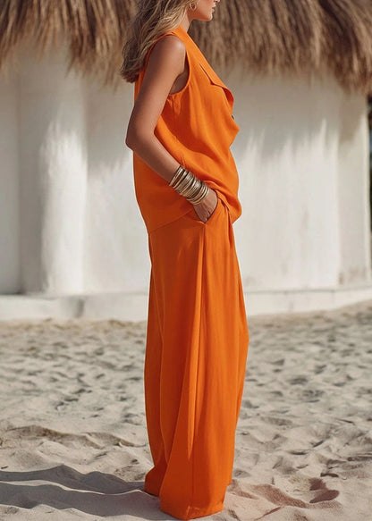 Handmade Orange Peter Pan Collar Top And Wide Leg Pants Two Pieces Set Sleeveless