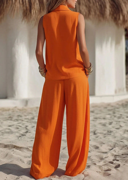 Handmade Orange Peter Pan Collar Top And Wide Leg Pants Two Pieces Set Sleeveless