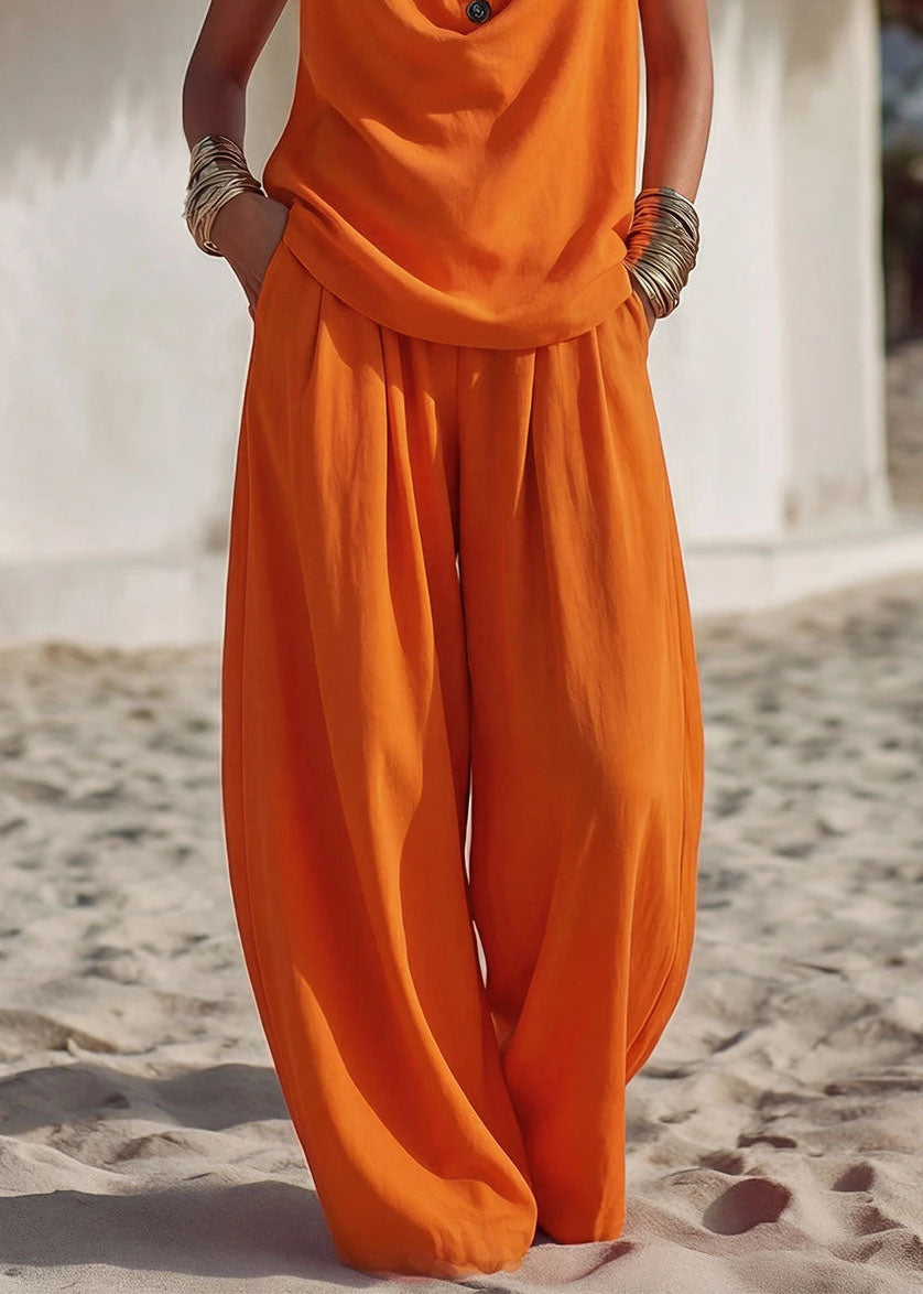 Handmade Orange Peter Pan Collar Top And Wide Leg Pants Two Pieces Set Sleeveless