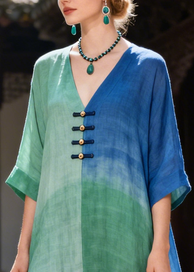 Handmade Oversized Tie Dye Chinese Button Cotton Robe Dresses Summer