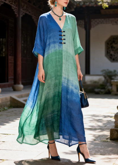 Handmade Oversized Tie Dye Chinese Button Cotton Robe Dresses Summer