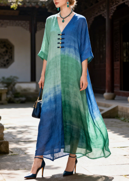 Handmade Oversized Tie Dye Chinese Button Cotton Robe Dresses Summer