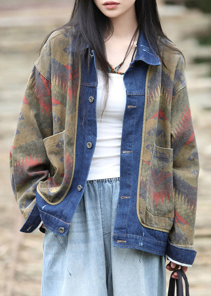 Handmade Peter Pan Collar Print Denim Patchwork Fake Two-Piece Coats Fall