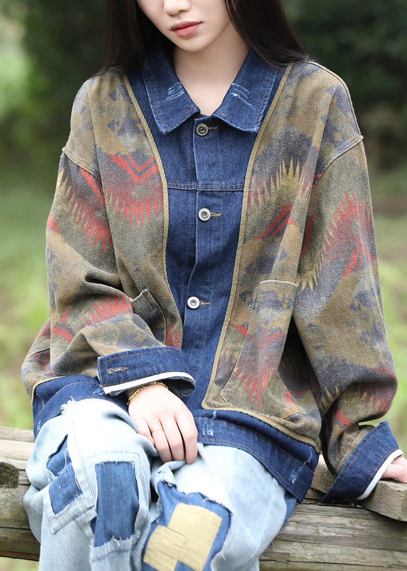 Handmade Peter Pan Collar Print Denim Patchwork Fake Two-Piece Coats Fall