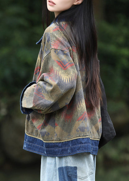 Handmade Peter Pan Collar Print Denim Patchwork Fake Two-Piece Coats Fall