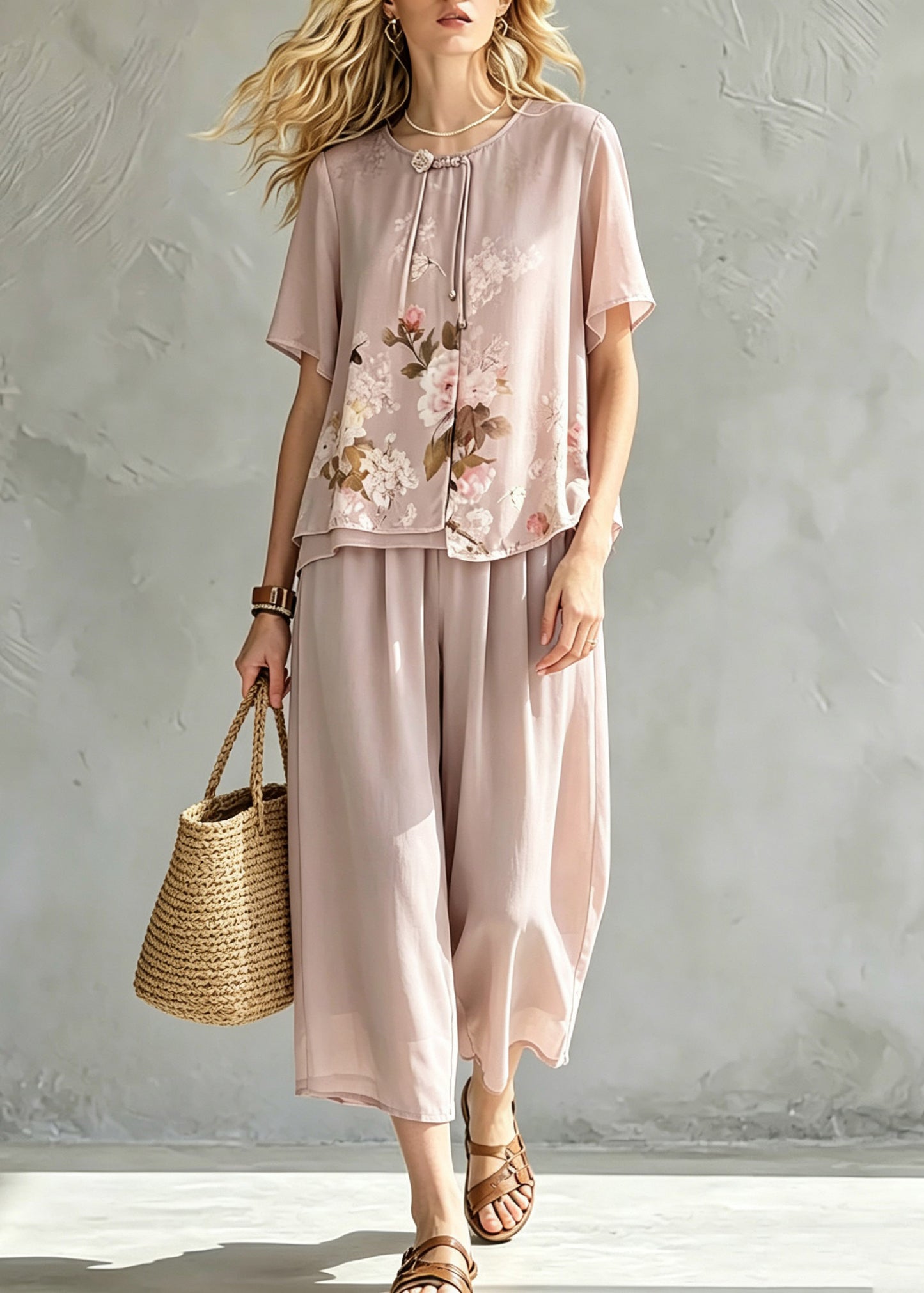 Handmade Pink Asymmetrical Print Chiffon T Shirt And Cop Pants Short Sleeve