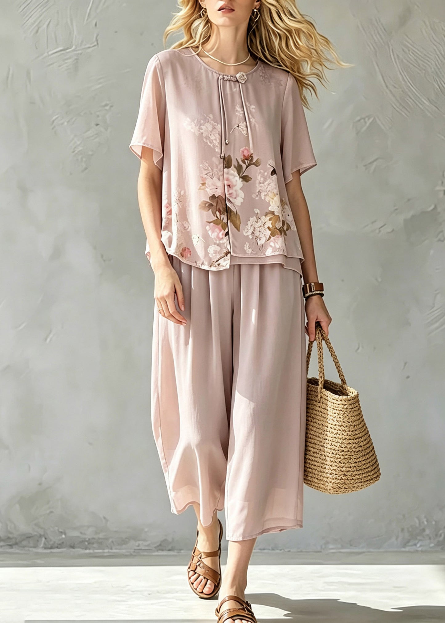 Handmade Pink Asymmetrical Print Chiffon T Shirt And Cop Pants Short Sleeve