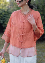 Load image into Gallery viewer, Handmade Pink O-Neck Embroidered Button Shirts Summer