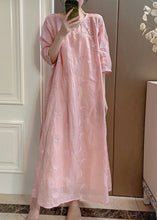Load image into Gallery viewer, Handmade Pink O-Neck Embroidered Linen Long Dresses Summer