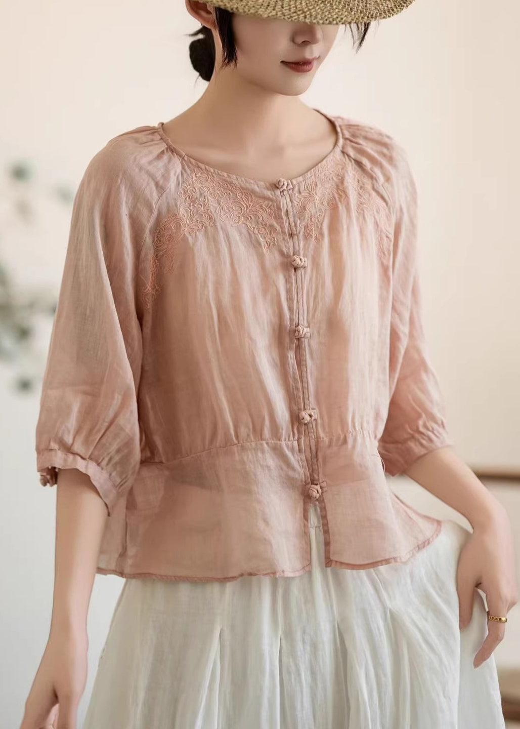 Handmade Pink O-Neck Embroidered Linen Shirt Tops Summer