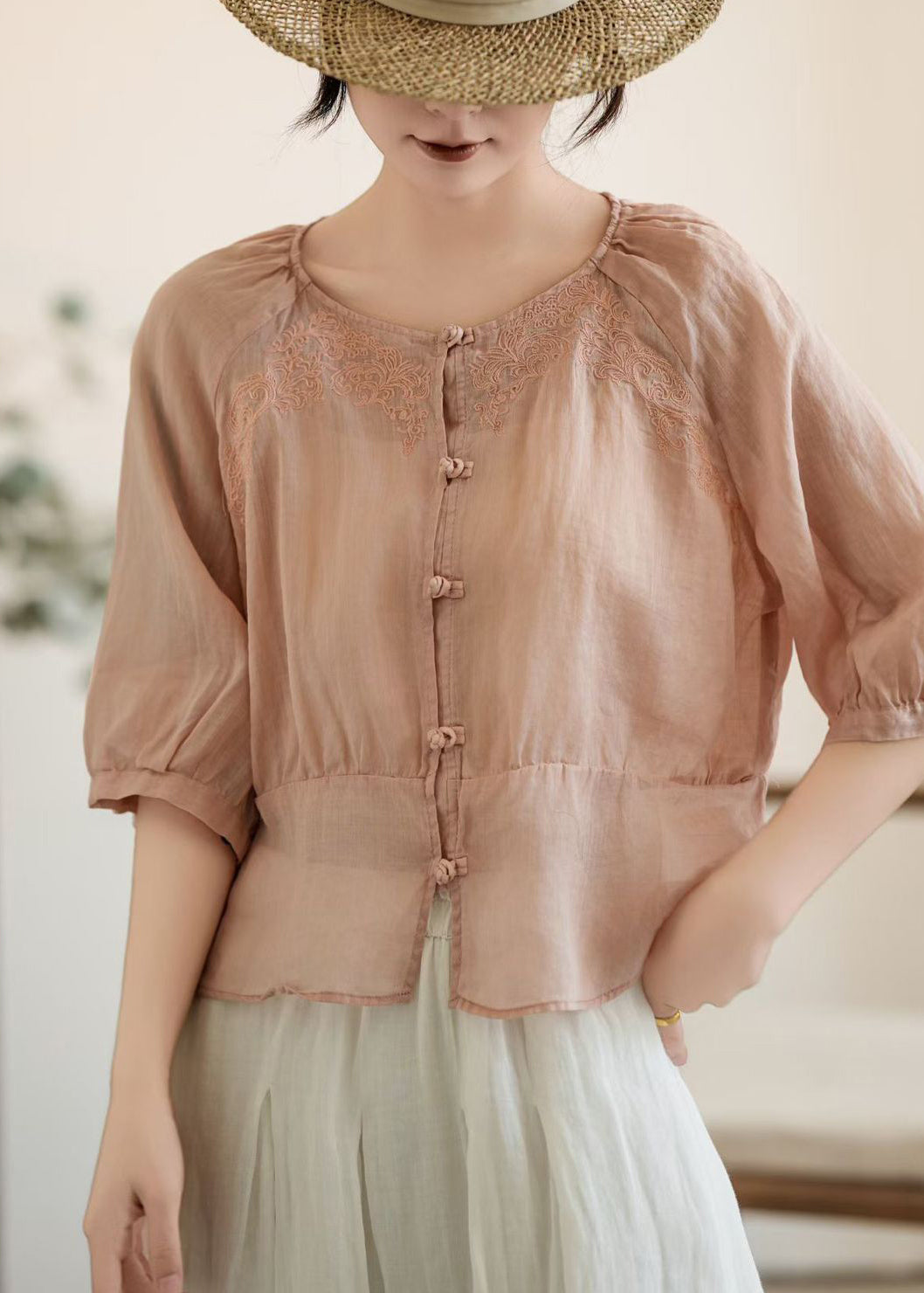 Handmade Pink O-Neck Embroidered Linen Shirt Tops Summer