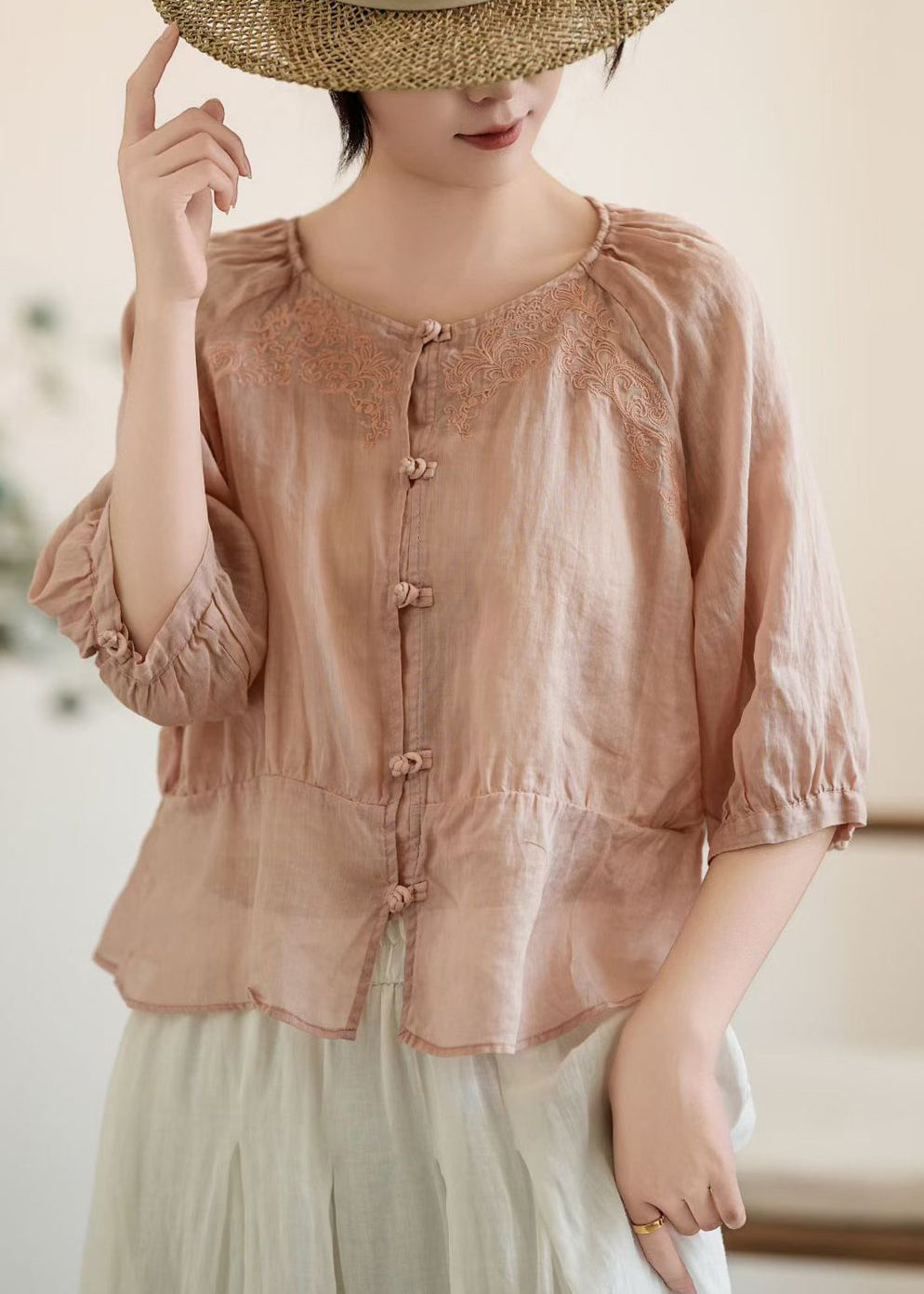 Handmade Pink O-Neck Embroidered Linen Shirt Tops Summer