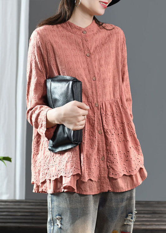 Handmade Pink O-Neck Patchwork Tops Fall